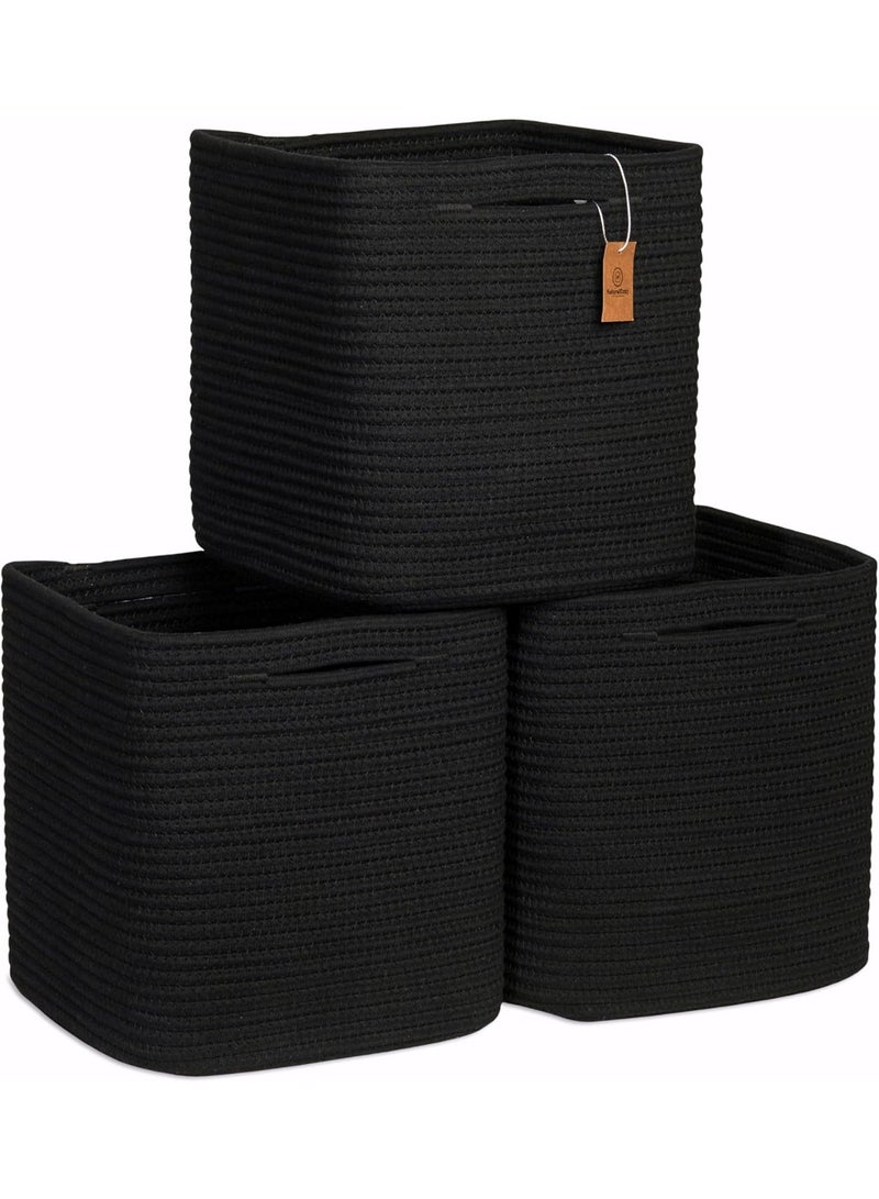 Bukela 3 Pack 11 Inch Black Collapsible Cotton Rope Woven Storage Cubes, Square Organizer Basket for Toys, Closet, Classroom & Nursery - Image 1